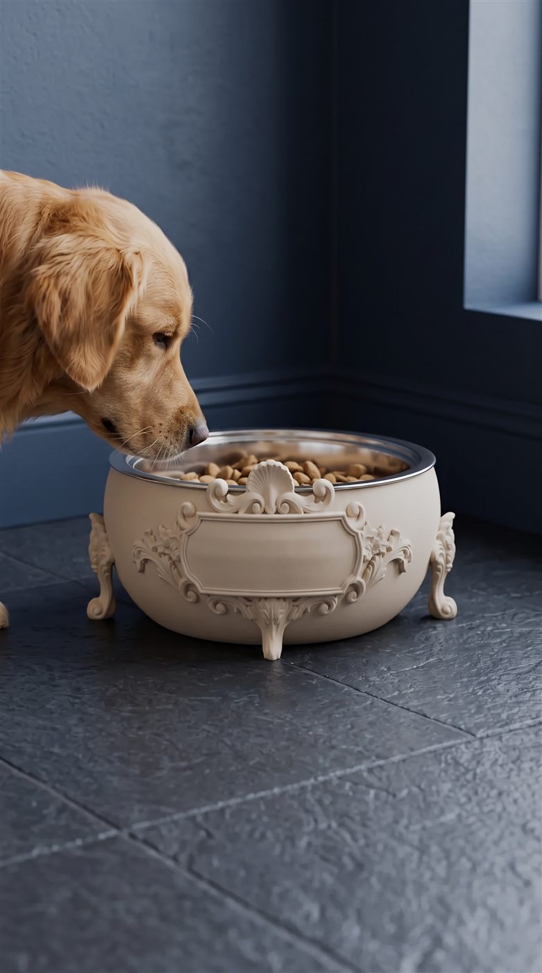 Cream baroque dog bowl on a wooden floor with a dog