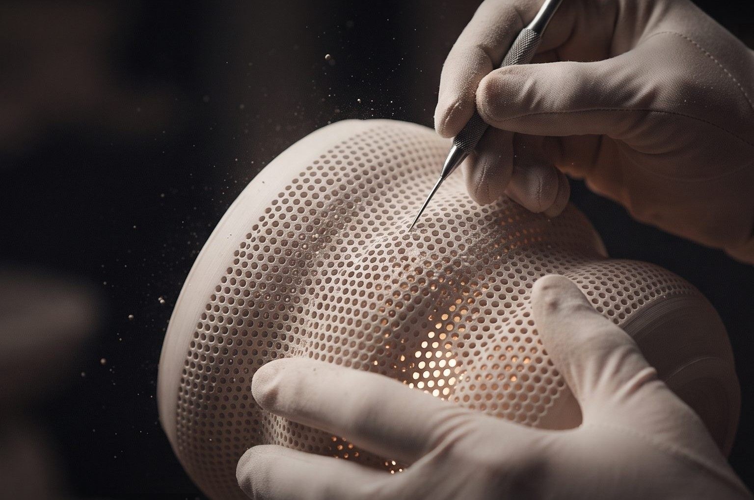 Gloved hands finishing a perforated lamp shade